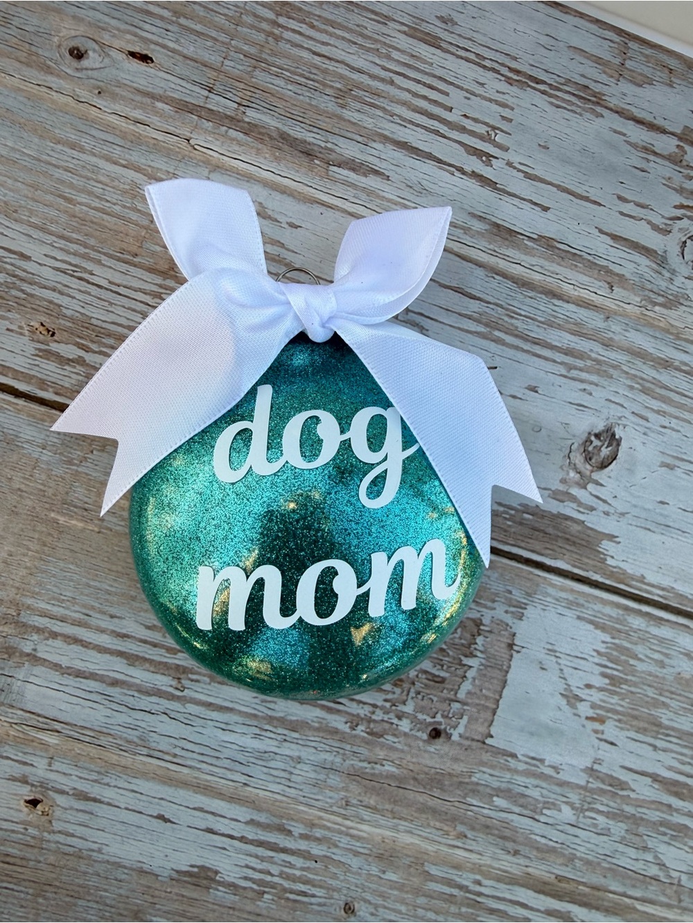 Dog Mom Teal Glitter Ornament with White Bow